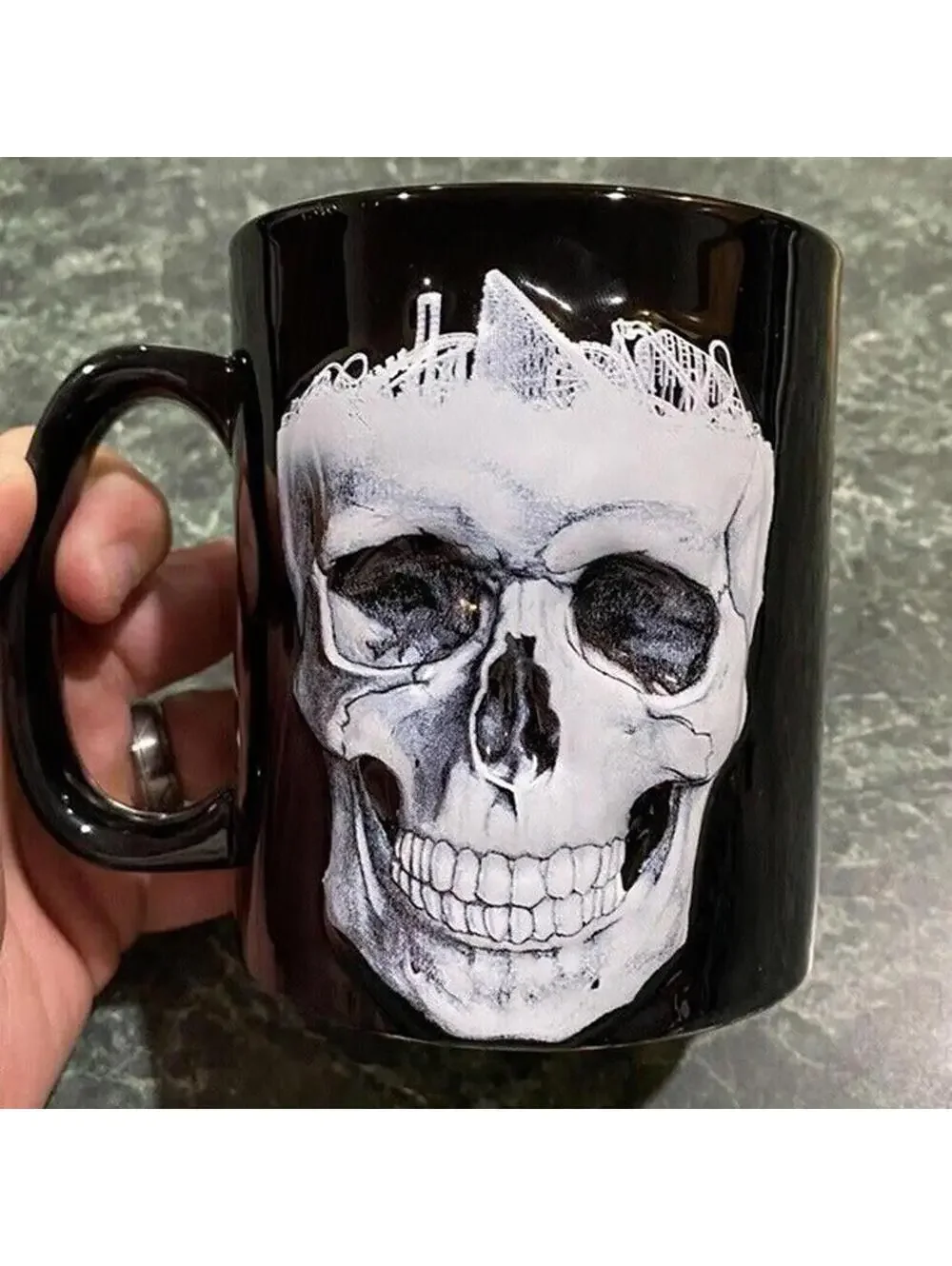 Six Flags Skull Island 3D Black Ceramic Coffee Mug **RARE**